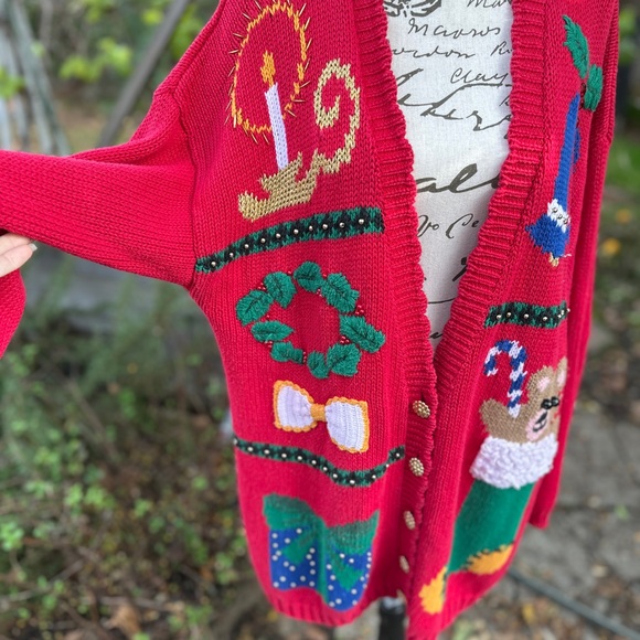 Festive Red Ugly Christmas Women's Sweater Cardigan XL - Picture 2 of 5